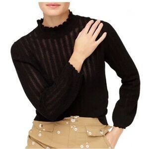 J. Crew Pointelle Ruffle Neck Black Sweater Size M BNWT